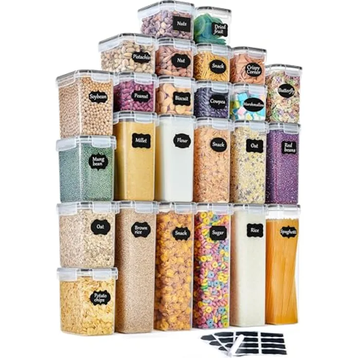 GoMaihe Vorratsdosen 25 Set, Luftdichter Kunststoff-Vorratsbehälter mit 24 Etiketten, 4 Größen für Müsli, Mehl, Kaffee, Spaghetti, BPA-frei
