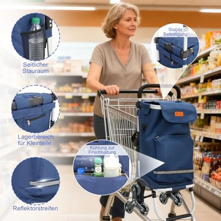 Sekey XXL Einkaufstrolley Treppensteiger, 3-in-1 Aluminium Trolley mit Höhenverstellbarem Griff, Kühlfach und Getränkefach, Blau – Bild 4