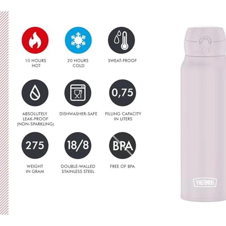 THERMOS ULTRALIGHT BOTTLE 0,75l, isolierte Edelstahlflasche in soft pink mat, bis zu 10 h heiß / 24 h kalt, absolut dicht für Wasser und Tee – Bild 5