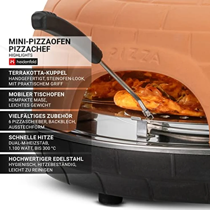 Heidenfeld Pizzaofen Pizzachef | Elektrischer Pizzaofen - 1100 Watt - Terracotta-Kuppel - Schnelle Backzeit - Raclette Backofen - Stahlplatte mit Pizzaschaufeln (Terracotta) - Preisvergleich – Bild 2
