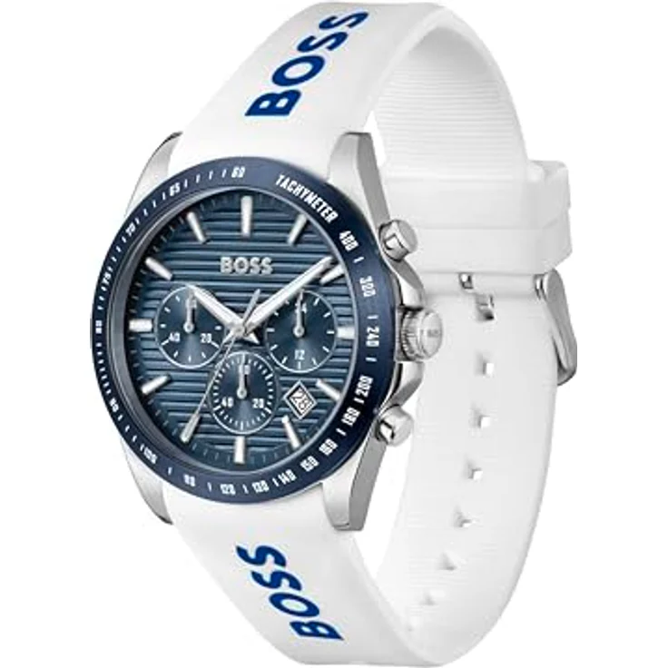 BOSS Strike Chrono, Chronograph Quarz Uhr für Herren mit weißen Silikonarmband, 41mm Edelstahlgehäuse, blaue Zifferblatt mit Datumsanzeige – Bild 2