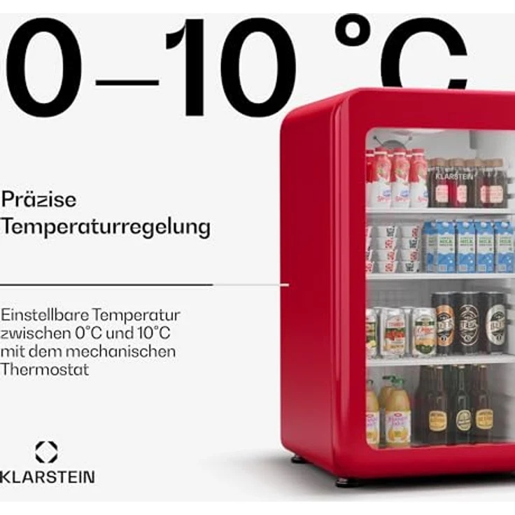 Klarstein Audrey Evo Getränkekühlschrank, 113 L, Retro-Design, doppelt verglaste Tür, 0-10 °C, Energieeffizienz C, LED-Beleuchtung, verstellbare Füße, Rot – Bild 4