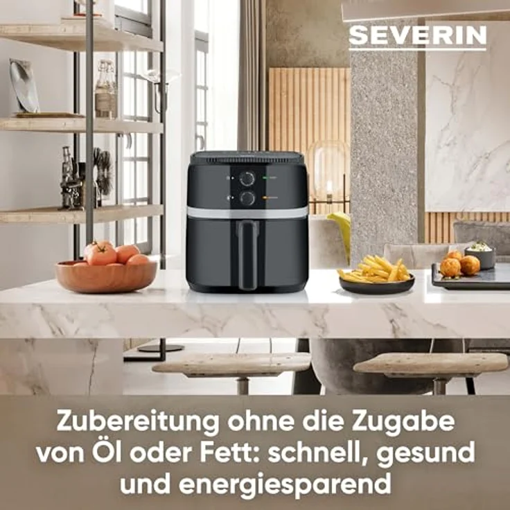 SEVERIN Heißluftfritteuse mit 5 Liter Garraum, Heißluft Fryer für gesundes Kochen, Fritteuse ohne Fett mit antihaftbeschichtetem Frittierkorb, 1500 W, schwarz/silber, FR 2452 – Bild 3