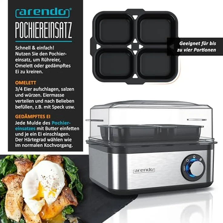 Arendo Eierkocher Edelstahl für 1 bis 8 Eier - Egg Cooker - 500 W ? Kontroll Leuchte ? Drehregler für drei Härtegrade - spülmaschinengeeignet - Edelstahl gebürstet – Bild 5