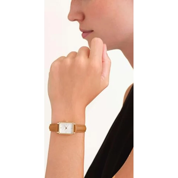 Rosefield Quarz Damenuhr Octagon XS, Lederarmband Braun, goldfarbenes Gehäuse, Mineralglas, silbernes Zifferblatt – Bild 3