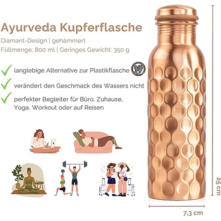 Bodhi Kupferflasche | Ayurveda Trinkflasche aus reinem Kupfer | Flasche mit Design Veredelung | Volumen: 800 ml | Wasserflasche mit Drehverschluss & Silikon-Dichtung | Diamant-Design, gehämmert – Bild 2