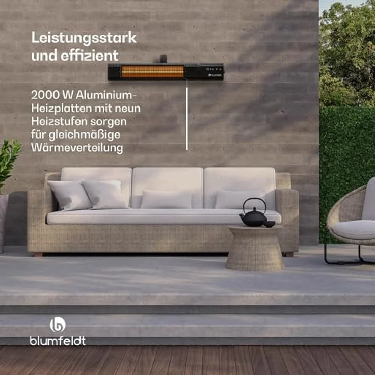 blumfeldt Infrarotheizung 2000 W – Wand & Deckenmontage, IP65 Wasserdicht, 9 Heizstufen, Smarte WLAN-Steuerung, Aluminium-Heizplatte, Kindersicherung, für Balkon, Terrasse & Garten – Bild 3