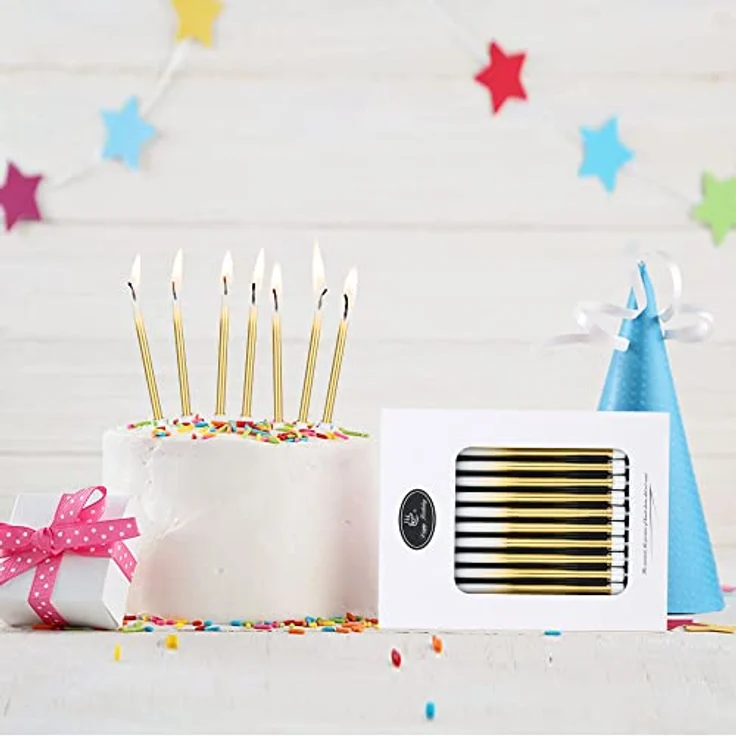 URAQT Geburtstagskerzen, 24 Stück Lange Metallisch Dekorative Kerzen mit Haltern, sicher und ungiftig für Kuchen, Hochzeitsparty, Abschlussfeier, Weiß und Gold – Bild 5
