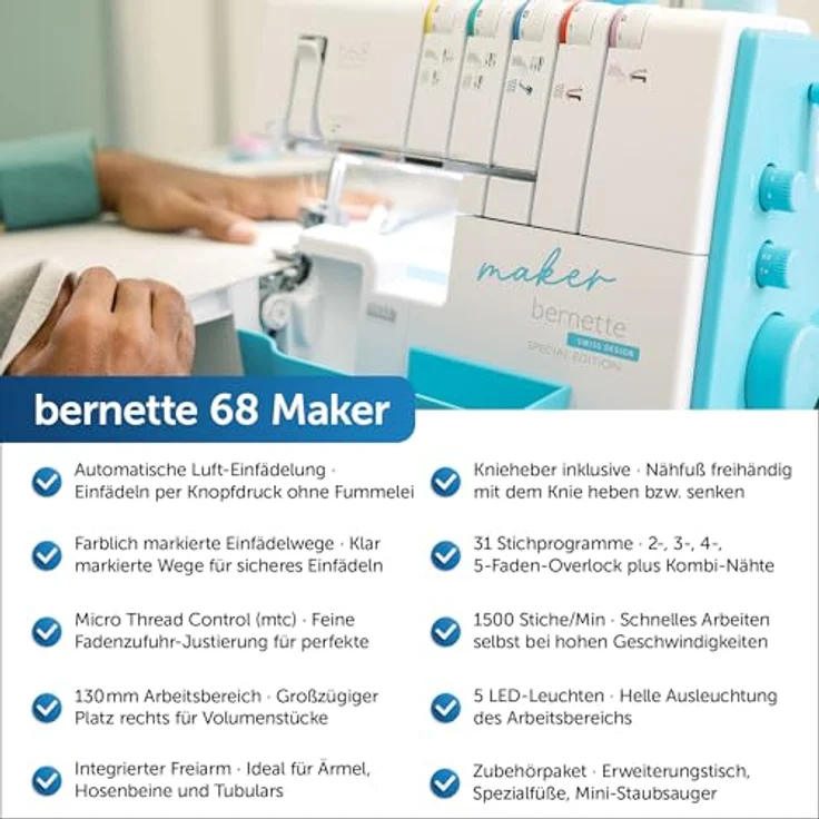 Bernette b68 Airlock Maker, Coverstich-Nähmaschine mit Zubehörset und Mini-Staubsauger, limitierte Edition – Bild 4