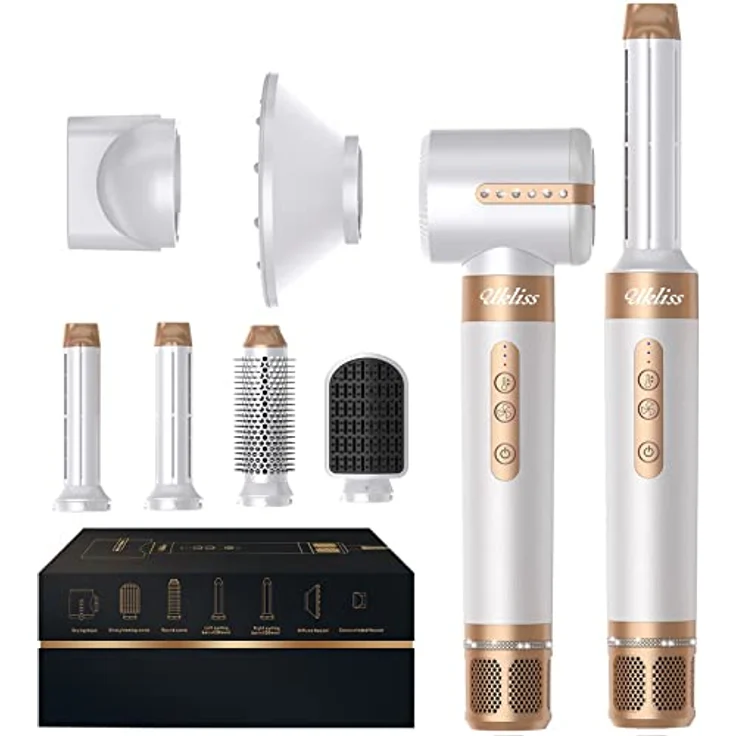 UKLISS Air Styler 7 In 1, Hochtouriger Motor (110.000 U/Min), Warmluftbürste Set mit 7 Aufsätzen für Trocknen, Glätten, Locken, Volumengeben, Ionen Pflege, Weiß – Bild 1