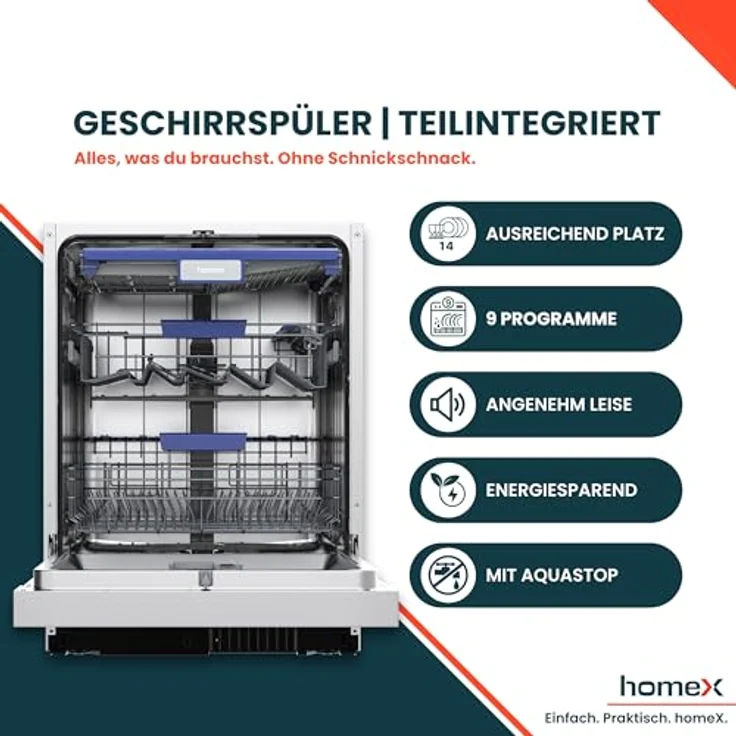 homeX DWSI601442A Geschirrspüler 60 cm, teilintegrierbar, 14 Maßgedecke, 9 Programme, leiser Betrieb 42 dB, Energieeffizienzklasse A – Bild 2