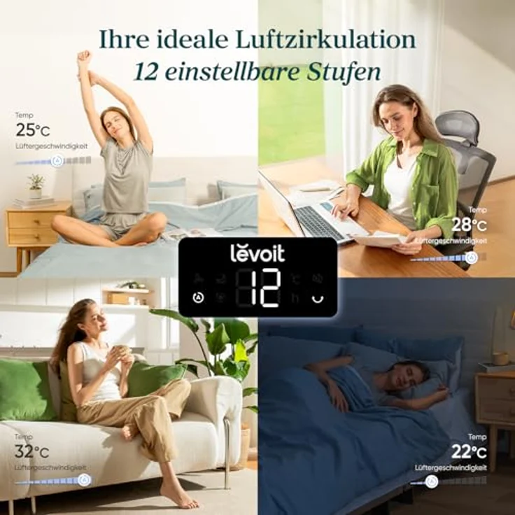 Levoit DC Motor Turmventilator, ultra leise mit 20dB, 4 Modi, 12 Geschwindigkeitsstufen, 12 Std Timer, 7,9 m/s Luftgeschwindigkeit, Fernbedienung, energieeffizienter 24W Standventilator – Bild 5