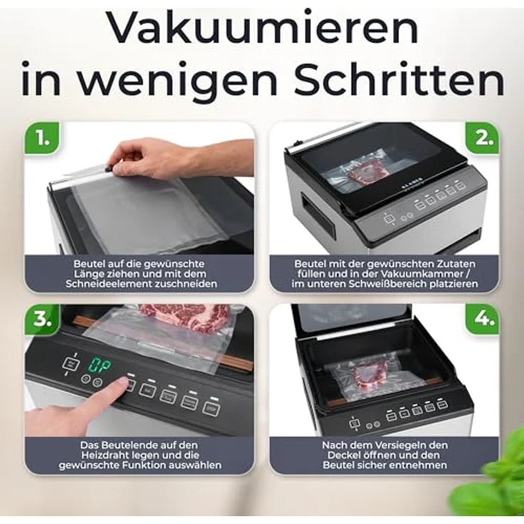 KLAMER Kammervakuumierer Edelstahl, 98 kPa Profi Vakuumiergerät mit Marinier-Funktion, Glasdeckel, einstellbarer Vakuum- und Schweißzeit, ideal für Sous Vide und feuchte Lebensmittel – Bild 5