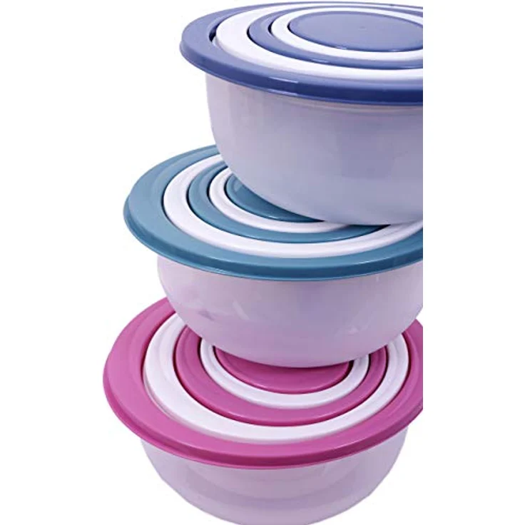 Spetebo Salat Schüssel Set 5-teilig, Kunststoff Kochschüsseln mit Deckel, transparent mit pastellgrünen, pastellblauen und grauen Deckeln, spülmaschinenfest, 0,4 bis 4,4 Liter – Bild 4