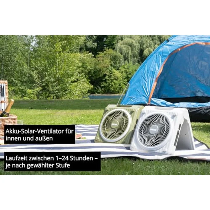 Unold Solarventilator Camping 86516, Akku-Solar-Ventilator mit 5 Geschwindigkeitsstufen, 5000-mAh Powerbank und IPX4 Spritzwasserschutz, Grün – Bild 3