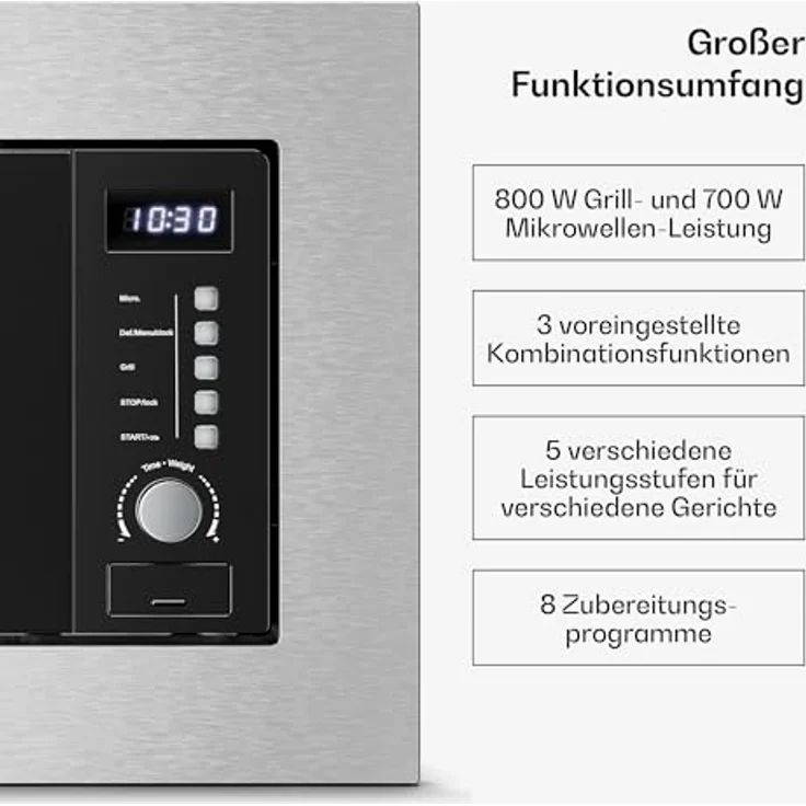 Klarstein Verosteel Einbau-Mikrowelle, 20 l, Grill 800 W, Edelstahl, LED Touch Display – Bild 5