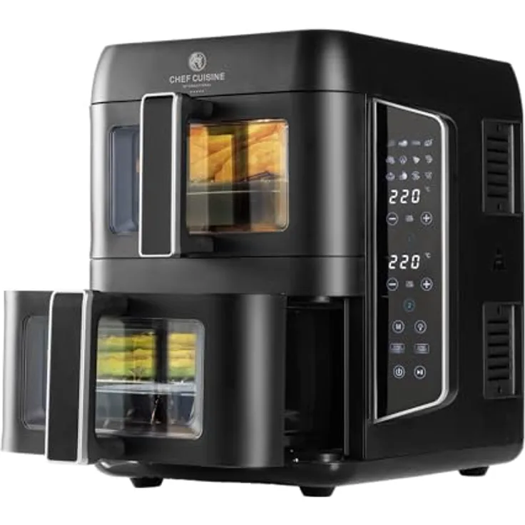 CHEF CUISINE International Air Fryer Dual Zone, Heißluftfritteuse schwarz, 2.400 W, 2 Schubladen à 4,5 L, SYNC-Funktion, 12 Pre-Set Programme, digitaler Timer