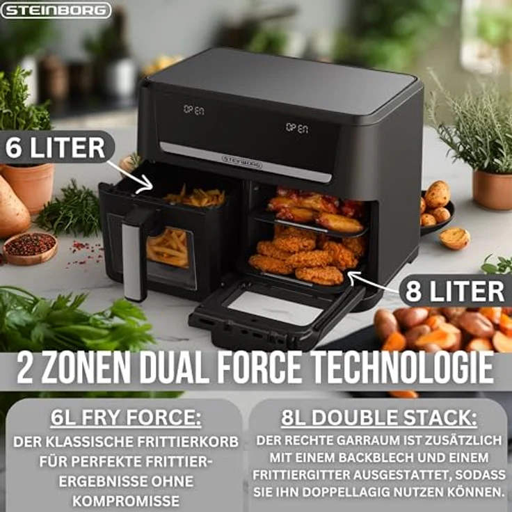 Steinborg® XXL Heißluftfritteuse Dual Zone 14L (8L + 6L), 1700W, 2 Kammern, Digital Display, 10 Programme, 60–200°C, ohne Öl frittieren, spülmaschinenfester Korb – Bild 2