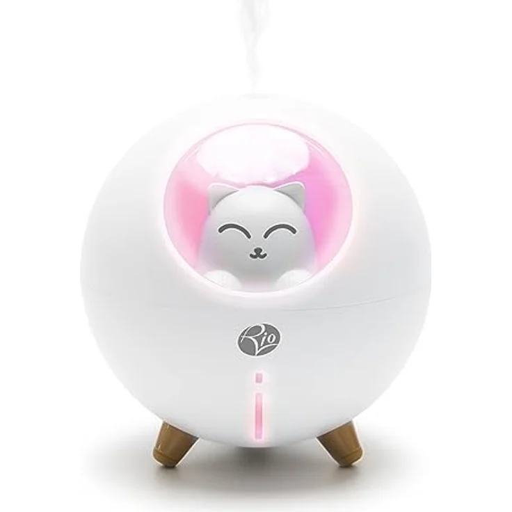 Rio MIA Diffusor für ätherische Öle, Luftbefeuchter und Nachtlicht für Kinder, Katzen-Design, 220 ml Wassertank, USB-betrieben, 7 Farbwechsel-Nachtlicht – Bild 1
