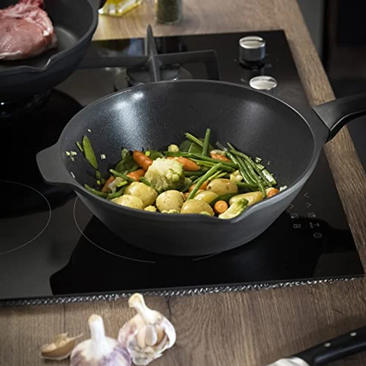 Tefal E24919 Robusto Aluguss Wokpfanne 28 cm | einfache Reinigung | Antihaftversiegelung | Thermo-Signal Temperaturanzeiger | spülmaschinenfest | induktionsgeeignet | Schwarz – Bild 4