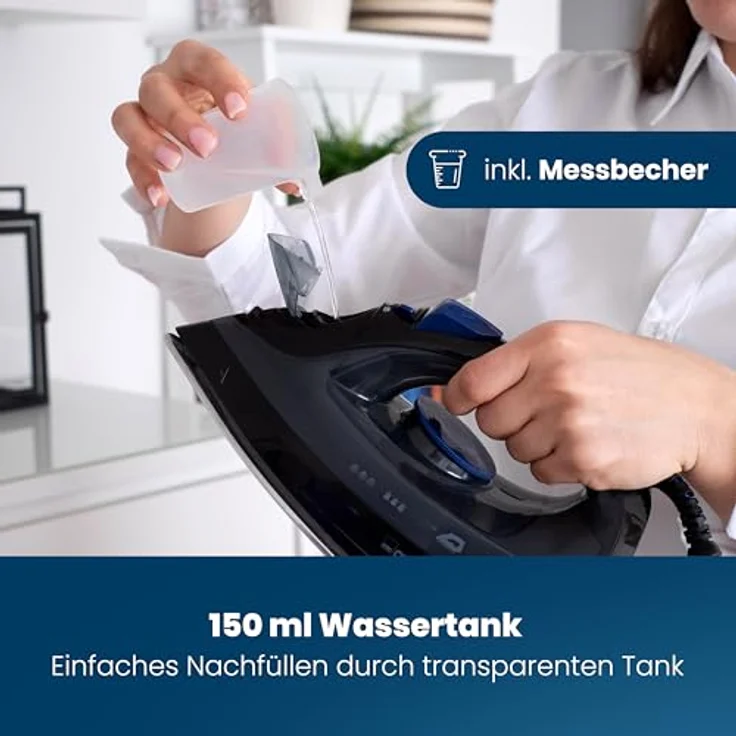 Clatronic DB 3703 Dampfbügeleisen mit 7 Funktionen, Edelstahlspezialsohle, stufenlose Temperaturregulierung, zuschaltbare Selbstreinigungsfunktion, Schwarz-Blau – Bild 4