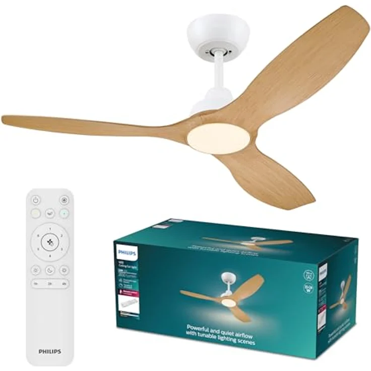 Philips Olas Deckenventilator, LED-Leuchte mit 2650 Lumen, 3 Flügel, 132 cm, dimmbar, einstellbares Licht von 3000 K bis 6500 K, weiß/Holz, inkl. Fernbedienung – Bild 1