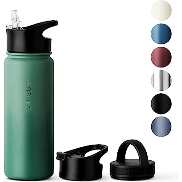 Vinsun Thermosflasche 500ml grün - auslaufsicher, Kohlensäure geeignet, BPA frei - 3 Deckel - Edelstahl Trinkflasche Sport, Outdoor, Schule, Uni, Fahrrad, Büro, Camping