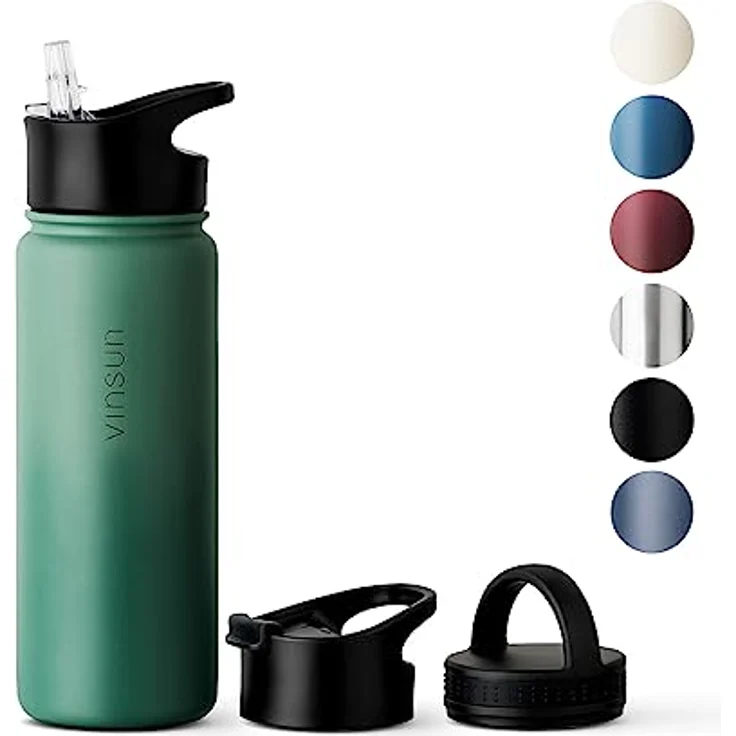 Vinsun Thermosflasche 500ml grün - auslaufsicher, Kohlensäure geeignet, BPA frei - 3 Deckel - Edelstahl Trinkflasche Sport, Outdoor, Schule, Uni, Fahrrad, Büro, Camping – Bild 1