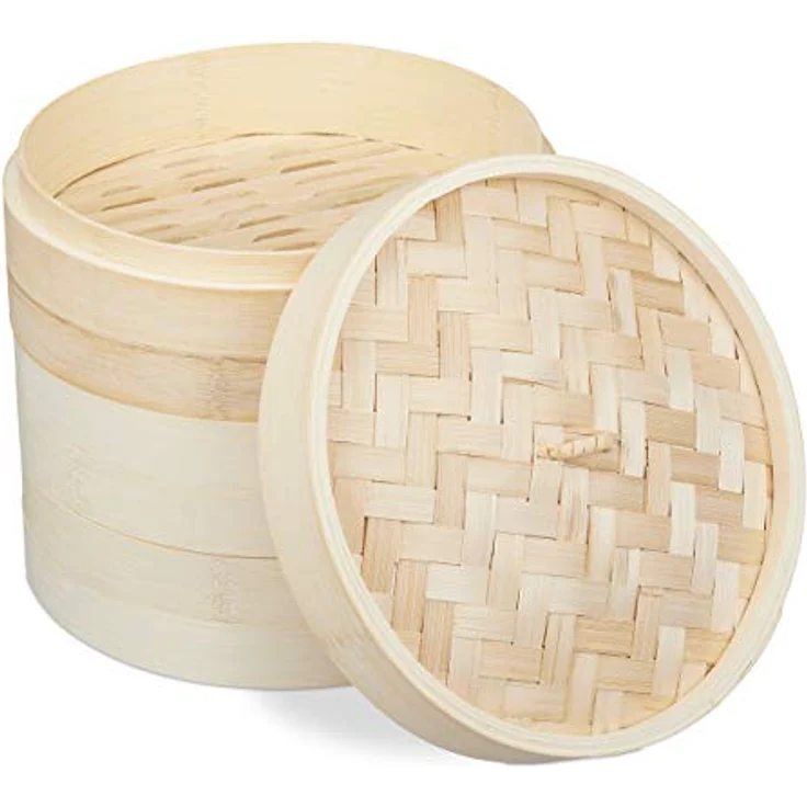 Relaxdays 10031463 Bambus, asiatischer Dämpfkorb mit 3 Etagen, für Dim Sum, Reis, Ø 24 cm, Natur, Hellbraun, traditioneller Dampfgarer – Bild 1