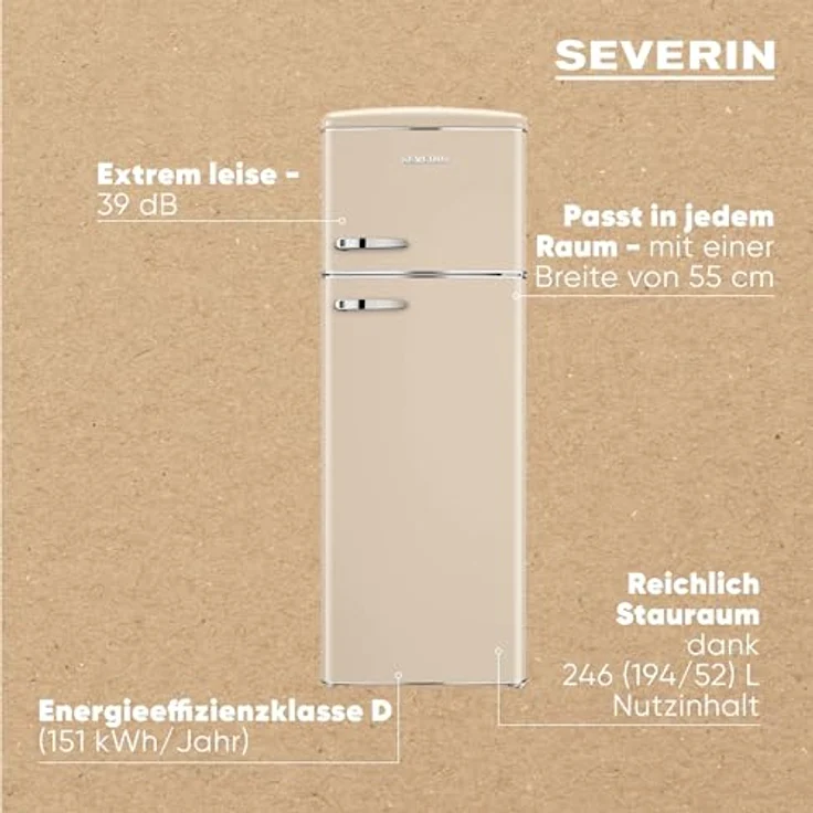 SEVERIN RKG 8985, Retro Kühl- & Gefrierkombination, creme, 246 L Nettovolumen, Gefrierfach oben, nur 39 dB, LED-Beleuchtung – Bild 2