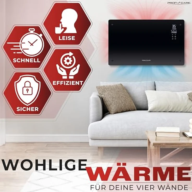 ProfiCare® Elektroheizung mit Glasfront & X-Shape Heizelement | mobiler Heizkörper auch für Wandmontage geeignet | Konvektor Heizung mit 2 Heizstufen | lautloses Heizen - 0dB | PC-GKH 3119 schwarz – Bild 4