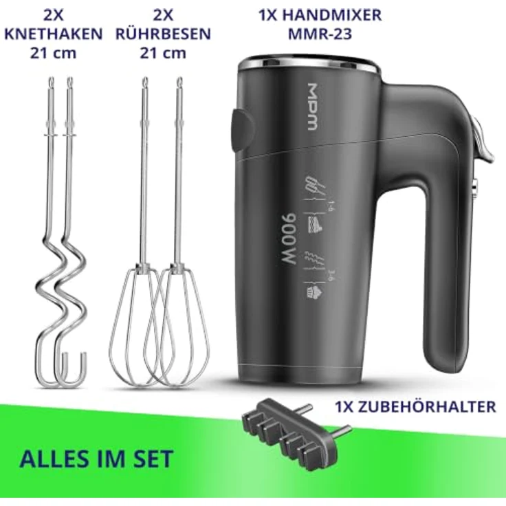 MPM Handmixer 900W, 6 Geschwindigkeitsstufen + Turbo, 4 lange Rühraufsätze mit integrierter Aufbewahrung – Bild 2