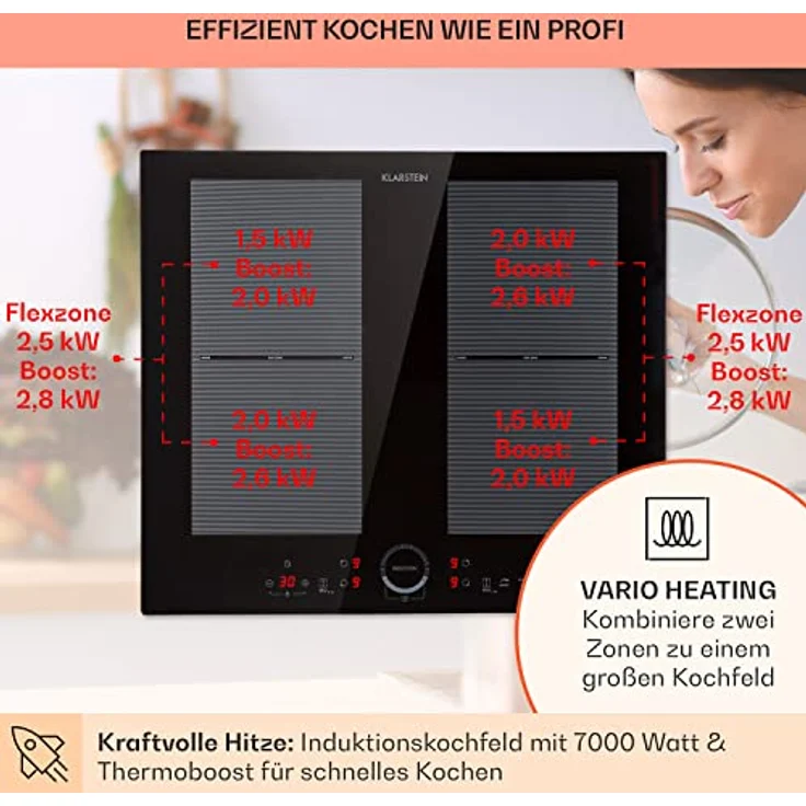 Klarstein Induktionskochfeld, Glaskeramik Kochfeld mit 4 Platten, Touch-Display, Digitalanzeige, Timer-Funktion, 7000 Watt, ThermoBoost und Sicherheitsfunktionen – Bild 3