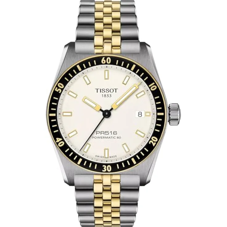 Tissot PR516 Powermatic 80, Automatik Herrenuhr / Unisex, Edelstahlgehäuse in Bicolor mit schwarzem Mineralglas-Lünettenring, weißem Zifferblatt, 80 Stunden Gangreserve, Wasserdicht bis 100 m