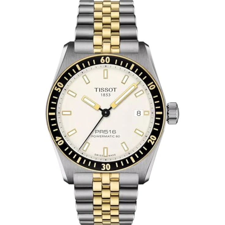 Tissot PR516 Powermatic 80, Automatik Herrenuhr / Unisex, Edelstahlgehäuse in Bicolor mit schwarzem Mineralglas-Lünettenring, weißem Zifferblatt, 80 Stunden Gangreserve, Wasserdicht bis 100 m – Bild 1
