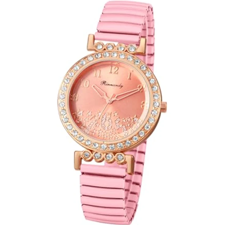 JewelryWe Damenuhr Elastisch mit Zirkonia-Diamanten, rosa Edelstahl, Analog Quarz, Stretch-Armband und leicht ablesbarem Zifferblatt – Bild 1
