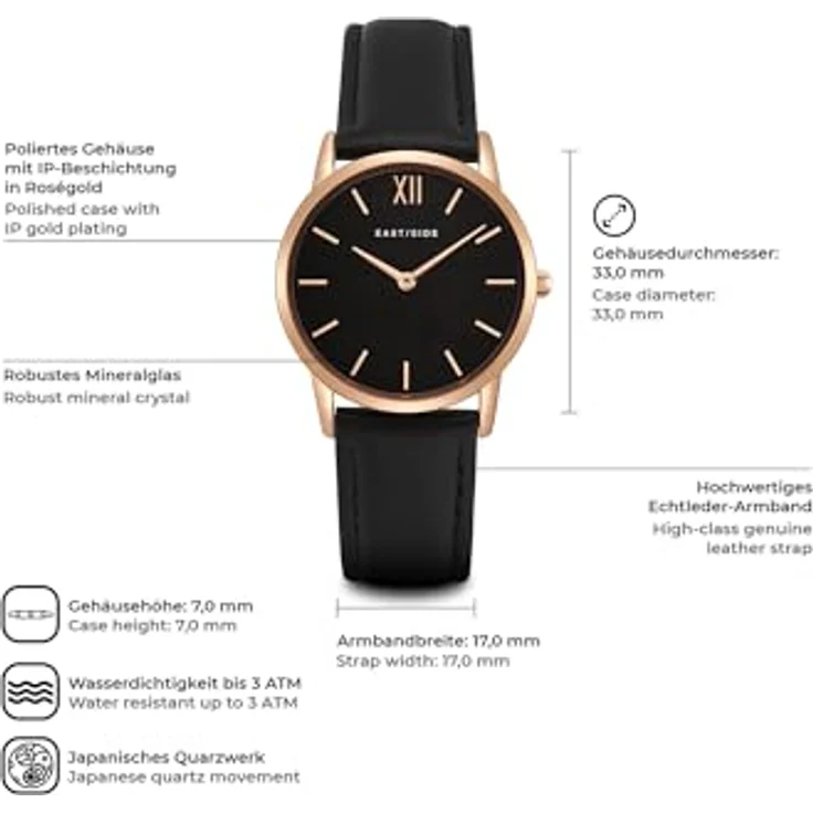 Eastside Damen Uhr analog Japanisches Quarzwerk mit Leder Armband schwarz 3 ATM 10080023 - Stilvolle Damenuhr mit IP-Finish in Roségold – Bild 2