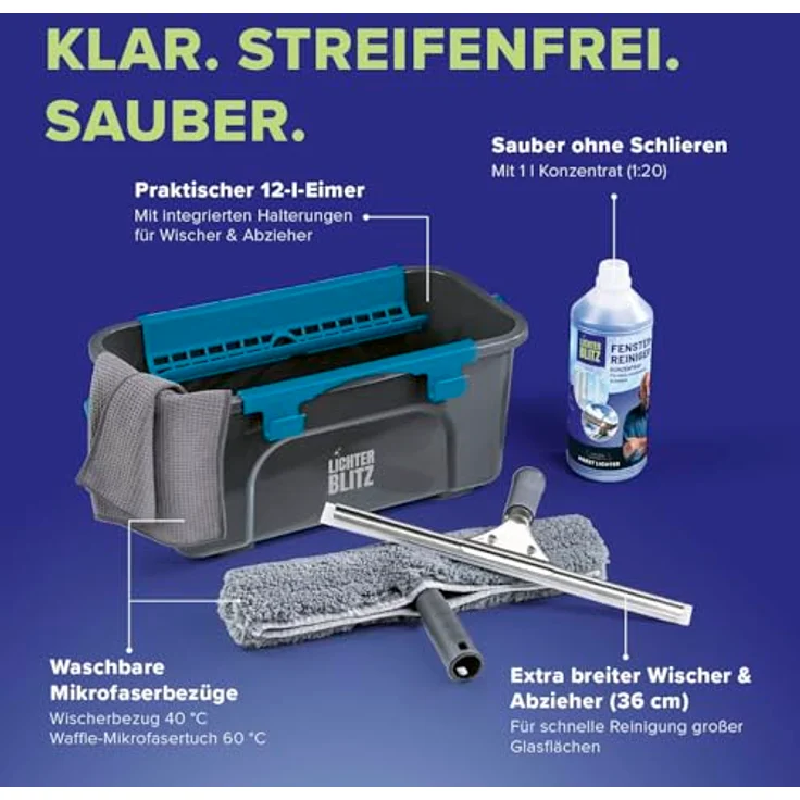 LICHTERBLITZ Fensterreiniger Set komplett, inkl. 12-Liter Eimer, Fensterabzieher, Wischer, Mikrofasertuch & Reinigungsmittel, für Haus & Auto – Bild 4
