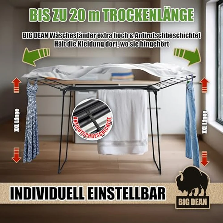 BigDean Wäscheständer NEUHEIT, 20m Wäschetrockner mit extra dicken "Grip" Wäscheleinen und extra Höhe, Made in Europe – Bild 2