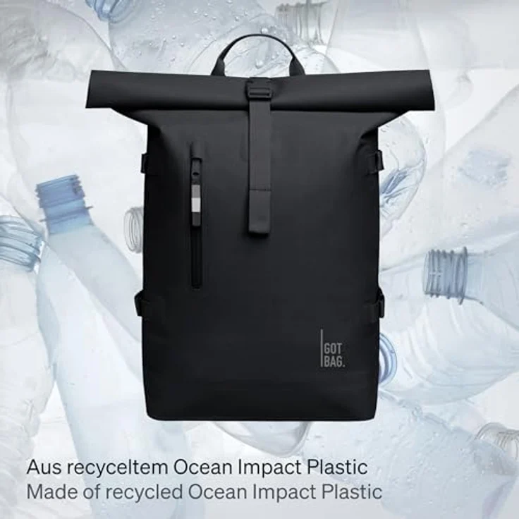 Got Bag Daypack Rucksack ROLLTOP 2.0, nachhaltiger Rucksack aus recyceltem Meeresplastik, wasserdicht, erweiterbar auf 66 cm, mit 15-Zoll-Laptopsleeve, schwarz – Bild 2