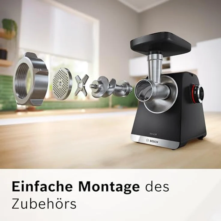 BOSCH Fleischwolf Serie 6 MFWS682B, 3,5kg/Min., Zitruspresse, Raspel, Wurststopfer, 500 W, 2 Lochscheiben (3&8mm), 10 J Motorgarantie, Planetengetriebe, schwarz – Bild 22