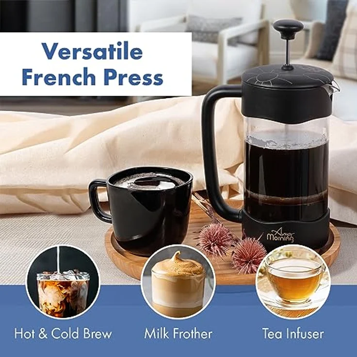 Any Morning FY92 French Press Kaffeebereiter | Kaffeekanne aus Edelstahl | Pressstempelkanne für frischen Filterkaffee | isolierte Kaffeepresse für Zuhause | Reisen | Camping | 350 Ml | Schwarz – Bild 4