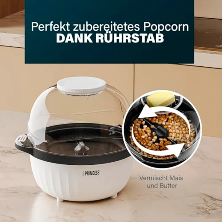 Princess Popcornmaschine 292980, 4,5 L mit motorisiertem Rührstab, Butter-Schmelzfach, transparentem Deckel und Servierschüssel, 450 W, kompakt und leicht zu reinigen – Bild 3