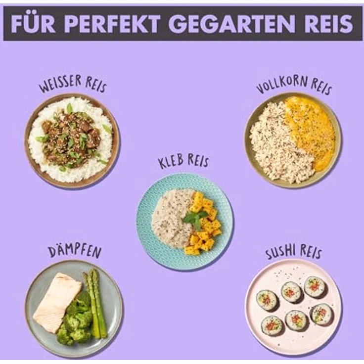 Reishunger Reiskocher & Dampfgarer mit Keramikbeschichtung Starterset (10-teilig), Schwarz - inkl. Dämpfeinsatz, Löffel, Messbecher, 8-teiligem Reisset & Edelstahl Reiswaschschüssel, 1.2l Fassungsvermögen, 500W, GS zertifiziert – Bild 5