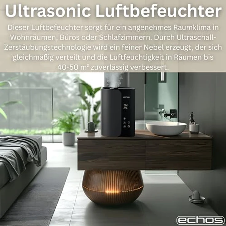 Echos Steinborg® Luftbefeuchter 5 Liter, Ultraschall Vernebler mit Fernbedienung, Hygrometer, LED-Touch-Display, Aroma-Funktion, 350ml/h, Auto-Stop, für Räume bis 50 m² – Bild 2