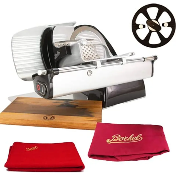 Berkel Aufschnittmaschine Home Line 200 Plus, Küchenschneidemaschine in schwarz mit 19,5 cm Schneideblatt, inkl. Messerabnehmer und handgefertigtem Fassholzbrett Unikat - Sonderangebot