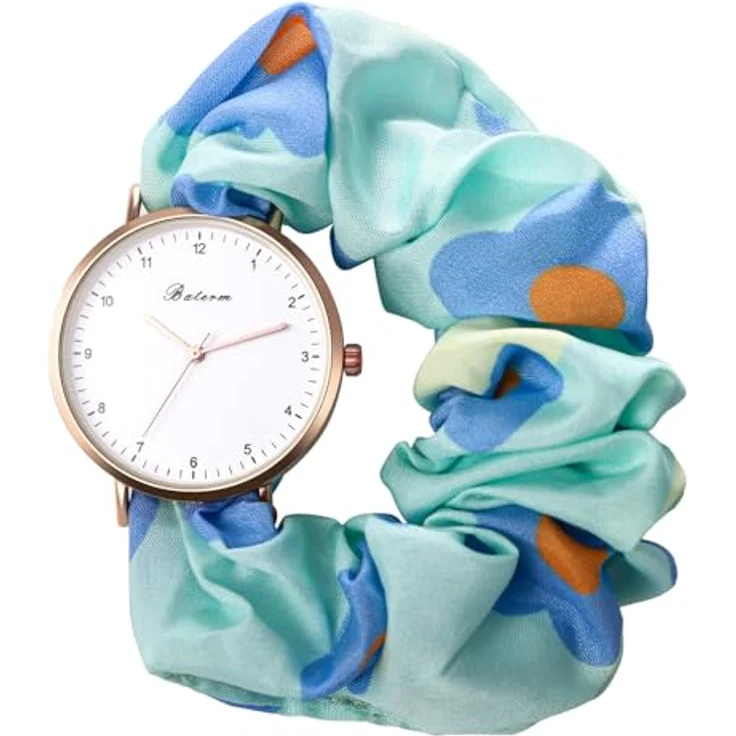 JewelryWe Damenuhr mit Blumenmuster, Elastisches Haarband, Quarz Armbanduhr in Blau, Multifunktionale Lässige Uhr mit Haargummi – Bild 1
