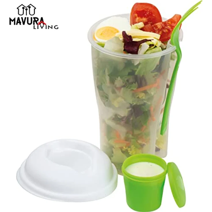 MAVURALiving Salat-To-Go Cup Salatbecher mit Deckel & Dressing Behälter Salatcup Salat Gemüse Obst Joghurt Müsli Shaker inkl. Gabel [2er Set] – Bild 2
