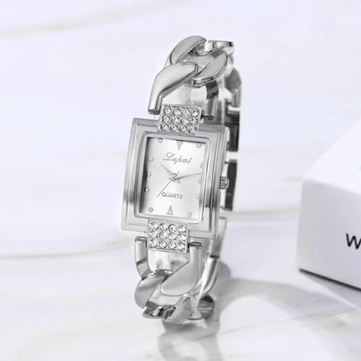 JewelryWe Damenuhr Glitzer Rechteckig, Strass Analog Quarz Armbanduhr mit Silber Panzerkette und Eckigem Zifferblatt – Bild 5