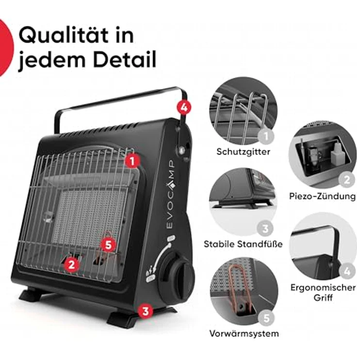 EVOCAMP Heizgerät mit Piezozündung, tragbar, 1,7 kW für Camping, Sauerstoffmangelsicherung, für Gaskartuschen MSF-1A – Bild 4